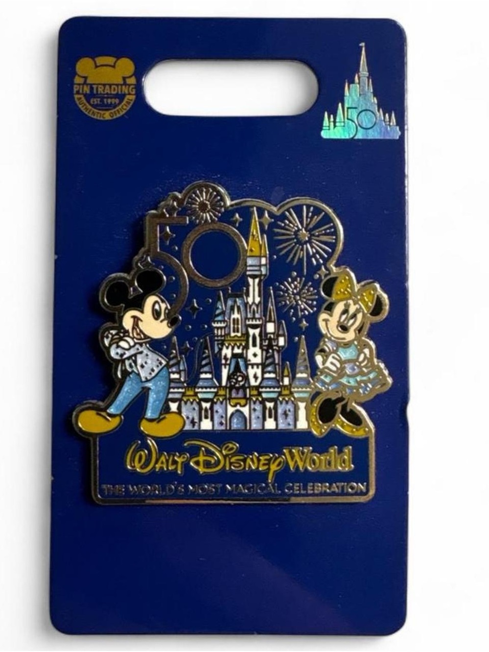 Disney 50th Anniversary Mickey & Minnie Castle Enamel Pin -Blue,Gold,Yellow New